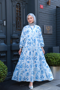 Yapraklı Soyut Desen Elbise Mavi