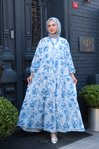 Yapraklı Soyut Desen Elbise Mavi
