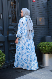 Yapraklı Soyut Desen Elbise Mavi