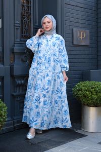 Yapraklı Soyut Desen Elbise Mavi