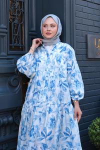 Yapraklı Soyut Desen Elbise Mavi