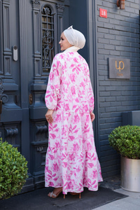 Yapraklı Soyut Desen Elbise Pembe