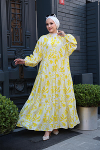 Yapraklı Soyut Desen Elbise Sarı