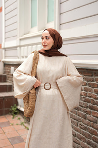 Yarasa Kol Bel Bağlamalı Elbise Bej