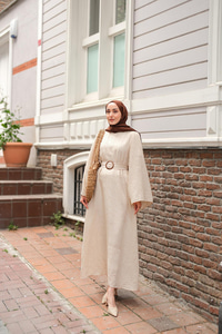 Yarasa Kol Bel Bağlamalı Elbise Bej