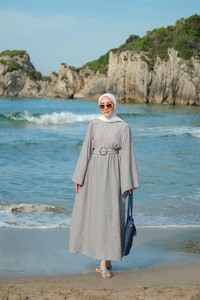 Yarasa Kol Bel Bağlamalı Elbise Füme