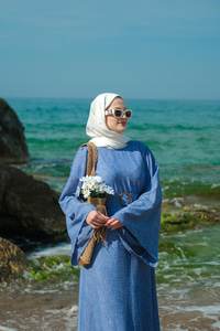 Yarasa Kol Bel Bağlamalı Elbise Mavi