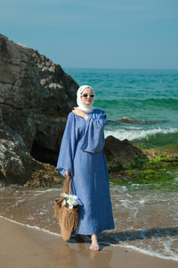 Yarasa Kol Bel Bağlamalı Elbise Mavi