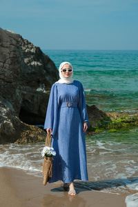 Yarasa Kol Bel Bağlamalı Elbise Mavi