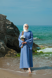 Yarasa Kol Bel Bağlamalı Elbise Mavi