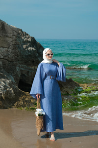 Yarasa Kol Bel Bağlamalı Elbise Mavi