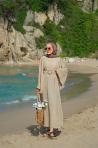 Yarasa Kol Bel Bağlamalı Elbise Vizon