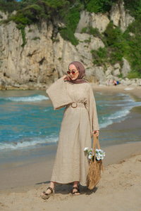 Yarasa Kol Bel Bağlamalı Elbise Vizon