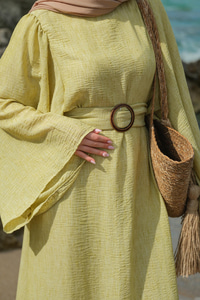 Yarasa Kol Bel Bağlamalı Elbise Yağ Yeşil