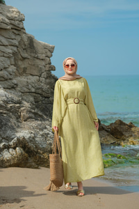 Yarasa Kol Bel Bağlamalı Elbise Yağ Yeşil