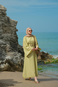 Yarasa Kol Bel Bağlamalı Elbise Yağ Yeşil