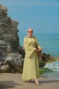 Yarasa Kol Bel Bağlamalı Elbise Yağ Yeşil