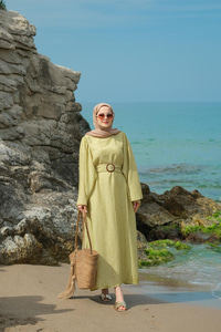 Yarasa Kol Bel Bağlamalı Elbise Yağ Yeşil