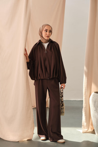 Yarasa Kol Volanlı Takım Kahverengi