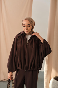 Yarasa Kol Volanlı Takım Kahverengi