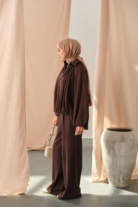 Yarasa Kol Volanlı Takım Kahverengi