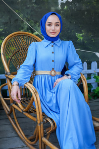 Uygun Fiyatlı YARIM DUGME HASIR KEMERLI ELBISE MAVI | Loccomoda.com 