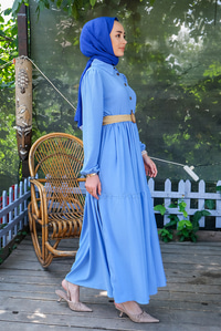 Uygun Fiyatlı YARIM DUGME HASIR KEMERLI ELBISE MAVI | Loccomoda.com 