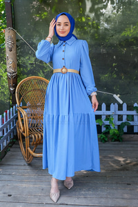 Uygun Fiyatlı YARIM DUGME HASIR KEMERLI ELBISE MAVI | Loccomoda.com 