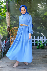 Uygun Fiyatlı YARIM DUGME HASIR KEMERLI ELBISE MAVI | Loccomoda.com 