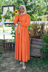 Uygun Fiyatlı YARIM DUGME HASIR KEMERLI ELBISE TURUNCU | Loccomoda.com 