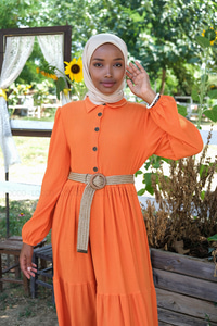 Uygun Fiyatlı YARIM DUGME HASIR KEMERLI ELBISE TURUNCU | Loccomoda.com 