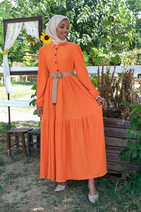 Uygun Fiyatlı YARIM DUGME HASIR KEMERLI ELBISE TURUNCU | Loccomoda.com 