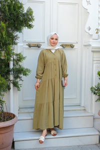Yarım Düğmeli Elbise Haki Yeşil