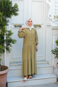 Yarım Düğmeli Elbise Haki Yeşil