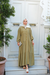 Yarım Düğmeli Elbise Haki Yeşil