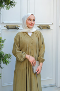 Yarım Düğmeli Elbise Haki Yeşil
