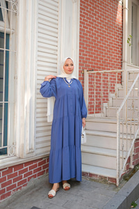 Yarım Düğmeli Elbise İndigo Mavi