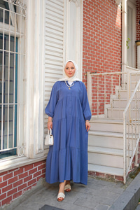 Yarım Düğmeli Elbise İndigo Mavi