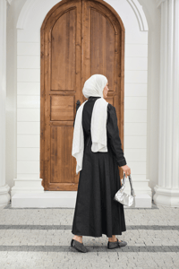 Yarım Düğmeli Yaka Bağlamalı Kemerli Balon Kol Elbise Siyah