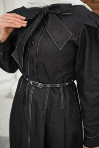 Yarım Düğmeli Yaka Bağlamalı Kemerli Balon Kol Elbise Siyah