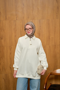 Yarım Fermuar Detay Sweat  Beyaz