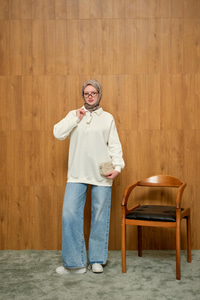 Yarım Fermuar Detay Sweat  Beyaz