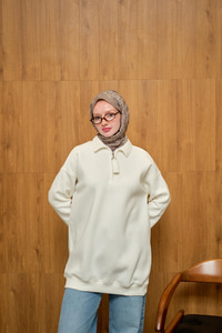 Yarım Fermuar Detay Sweat  Beyaz