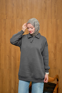 Yarım Fermuar Detay Sweat Füme