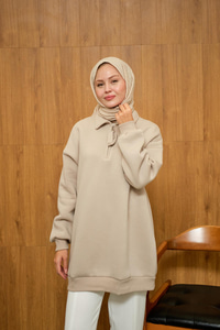 Yarım Fermuar Detay Sweat Krem