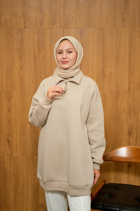 Yarım Fermuar Detay Sweat Krem