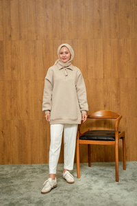 Yarım Fermuar Detay Sweat Krem