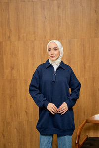 Yarım Fermuar Detay Sweat Lacivert