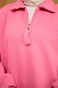 Yarım Fermuar Detay Sweat Pembe