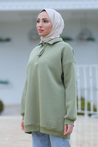 Yarım Fermuar Detay Sweat Yeşil